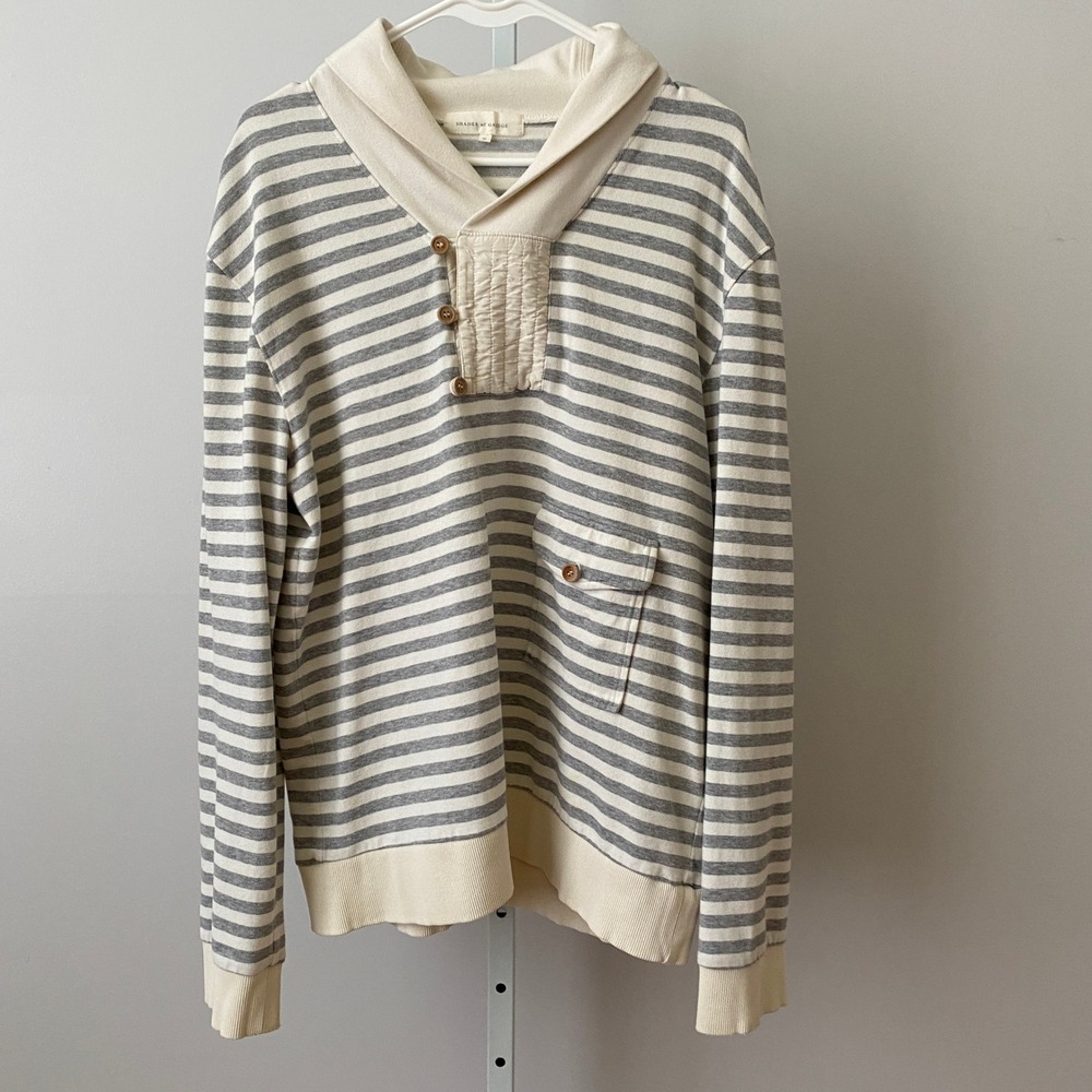 Shades of Greige XL Nautical Coastal Gray White Striped  Henley Pullover Sweater